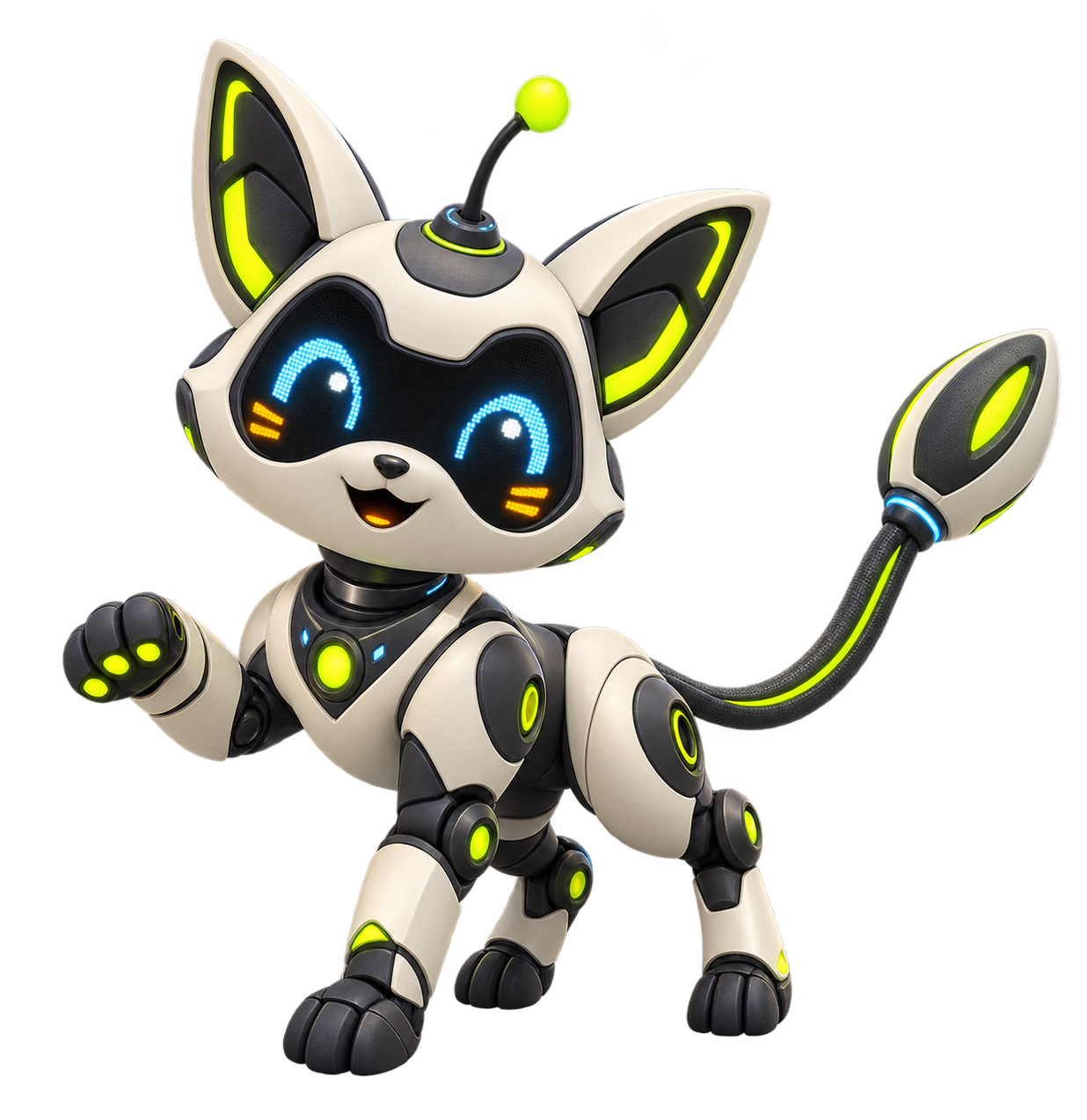 Byte, a cheerful robotic companion with bright green accents